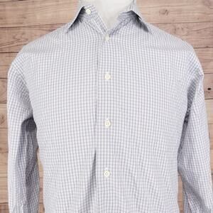 David Donahue Shirt Mens 16 34/35 Blue Brown Plaid Check Dress Button Up